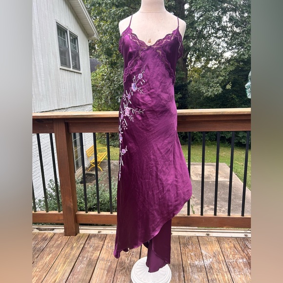 Sue Wong Purple Satin Slip Dress mesh beaded Floral handkerchief
